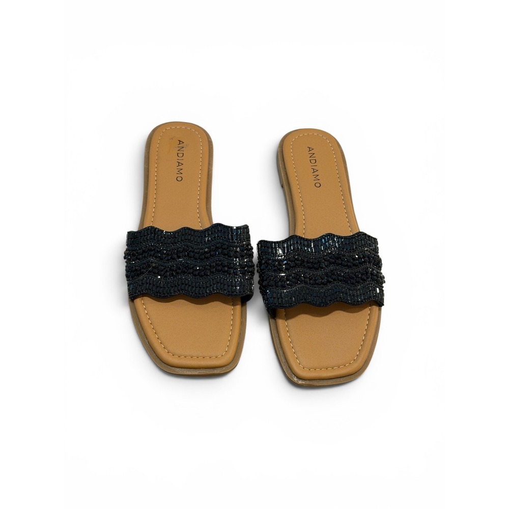 Andiamo Womens Black Beaded Scalloped Slide Sandals Square Toe Size 9.5